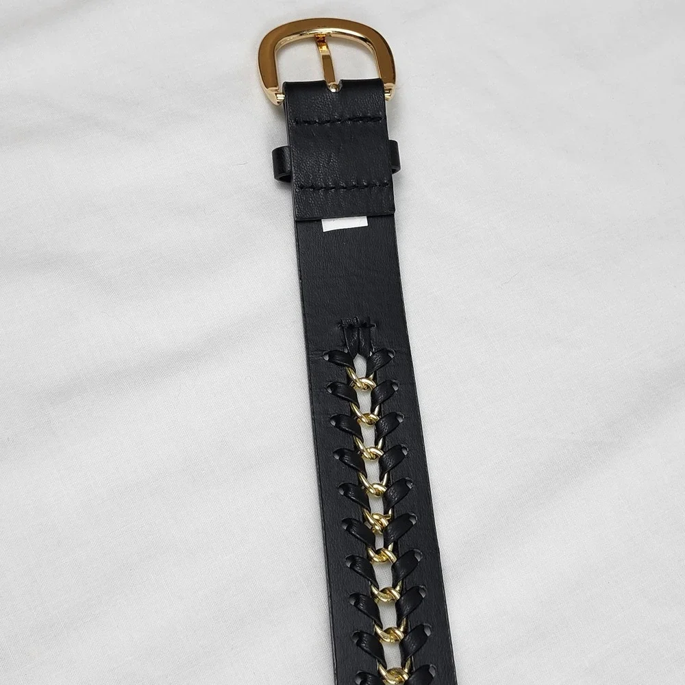 Vince Camuto Belt Womens Large Black Gold Chain Link Woven Leather Medallion
